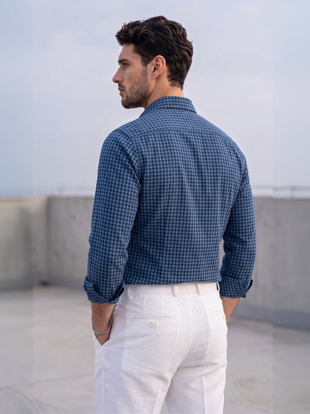 VORA LABEL Men Cotton Checked Regular Fit Casual Shirt - Royal Blue Secondary image