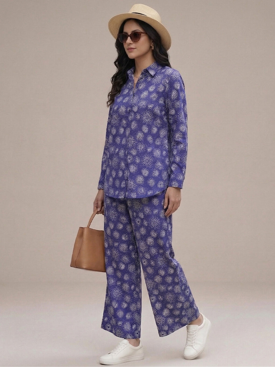 VORA LABEL Women Viscose Rayon Floral Printed Regular Fit Co-ord Set - Royal Blue