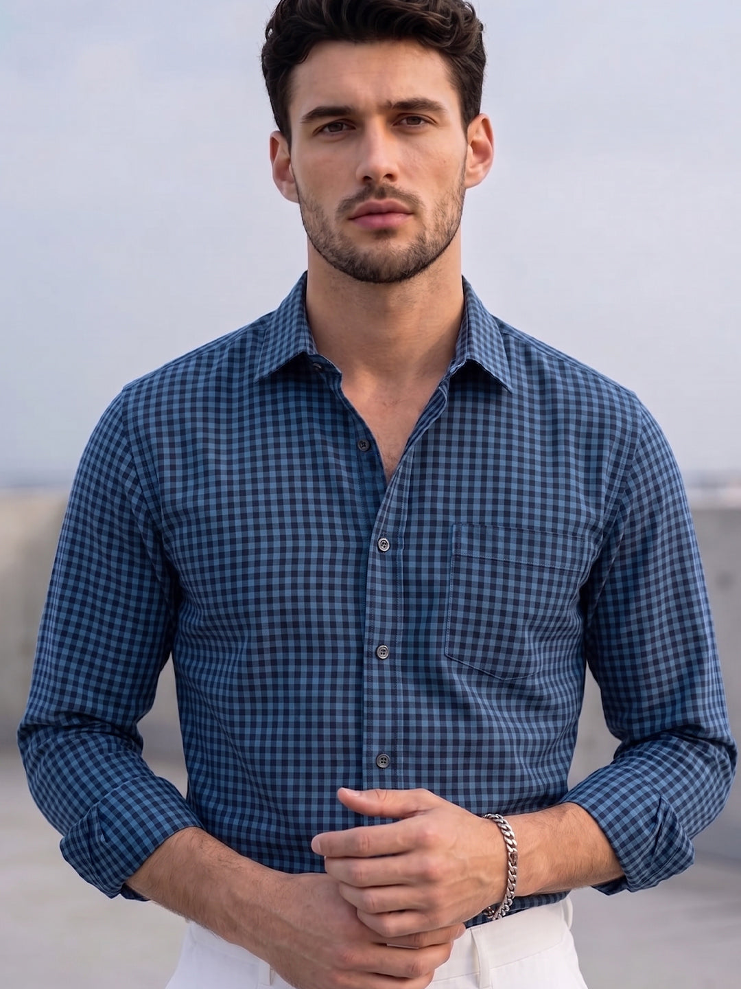 VORA LABEL Men Cotton Checked Regular Fit Casual Shirt - Royal Blue