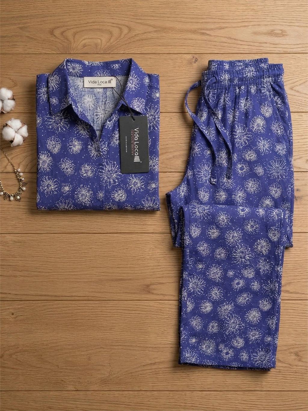 VORA LABEL Women Viscose Rayon Floral Printed Regular Fit Co-ord Set - Royal Blue