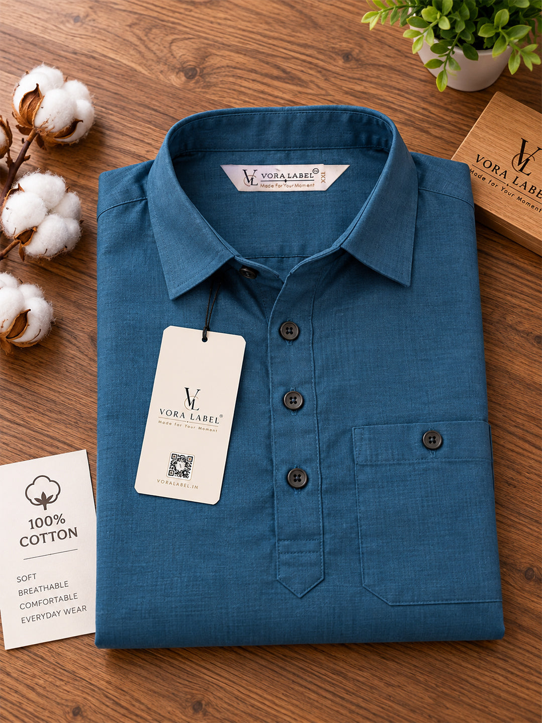 VORA LABEL Men’s Cotton Blend Solid Kurta | Mandarin Collar Full Sleeve Kurta with Pocket | Casual & Festive Wear