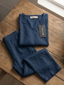 VORA LABEL Women Linen Solid Relaxed Fit Co-ord Set - Royal Blue