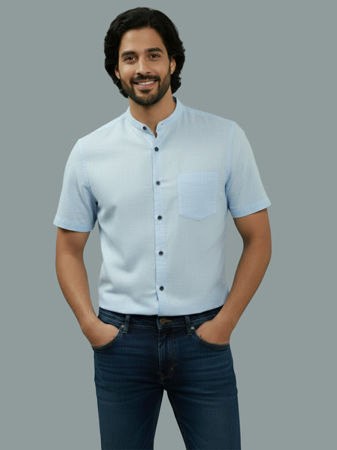 VORA LABEL Men Cotton Regular Fit Mandarin Collar Casual Shirt - White