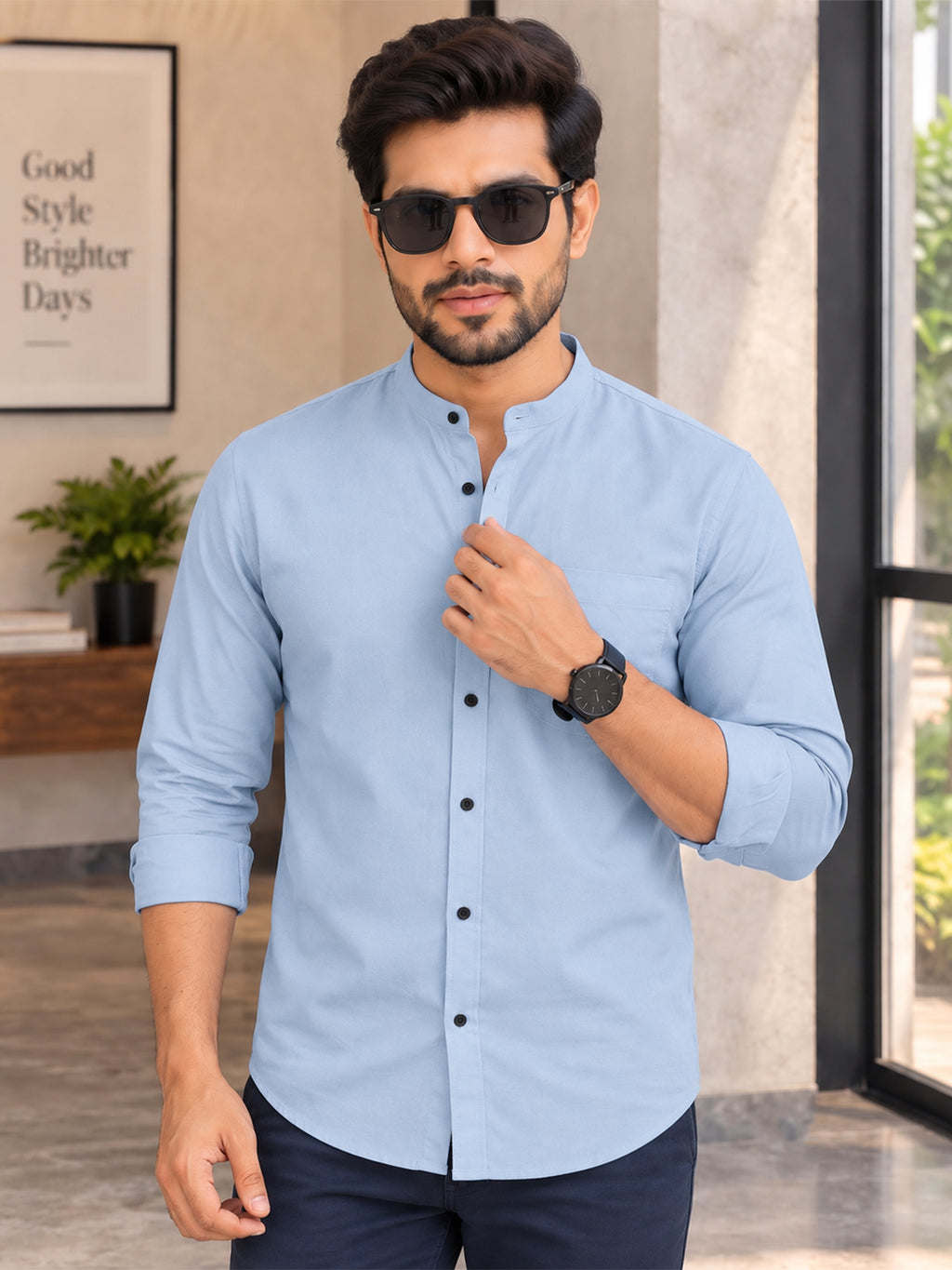 VORA LABEL Men’s Cotton Blend Mandarin Collar Shirt | Full Sleeve Solid Casual & Smart Wear