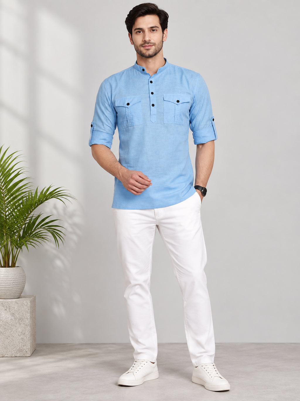 VORA LABEL Men’s Pure Cotton Solid Mandarin Collar Kurta | Full Sleeves with Roll-Up Tab | Casual & Smart Casual Wear