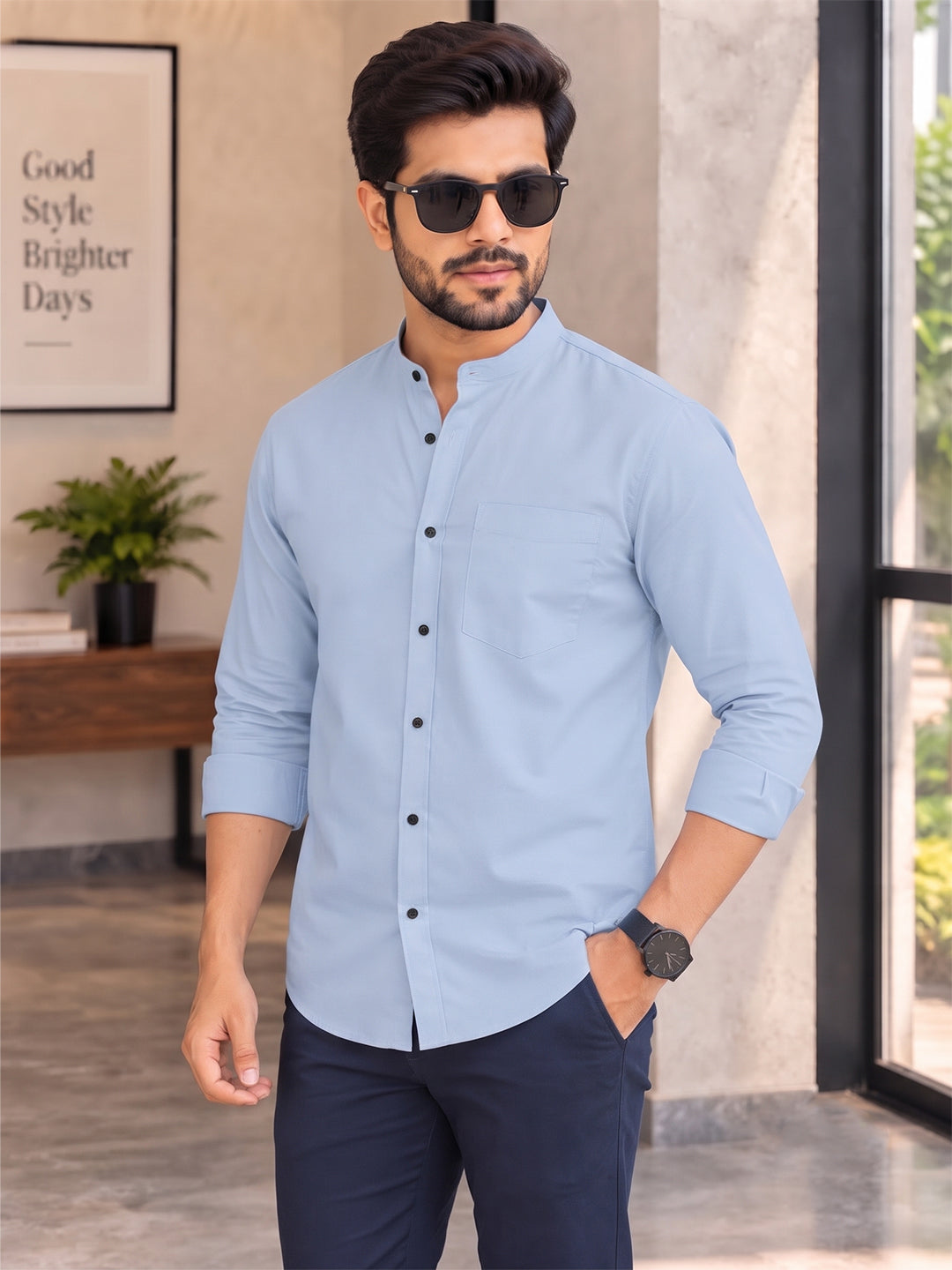 VORA LABEL Men’s Cotton Blend Mandarin Collar Shirt | Full Sleeve Solid Casual & Smart Wear