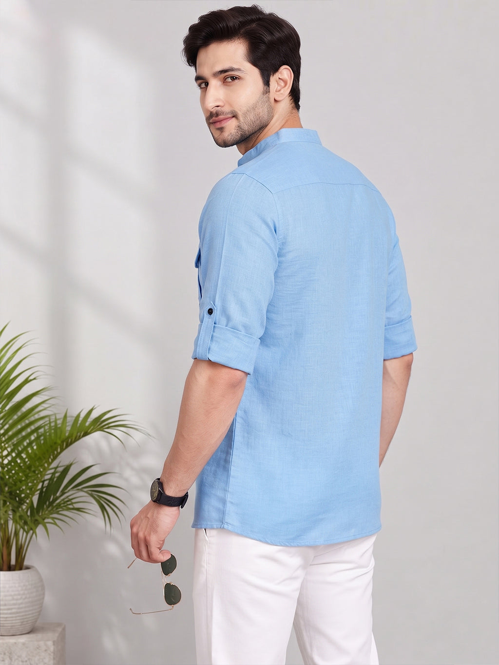 VORA LABEL Men’s Pure Cotton Solid Mandarin Collar Kurta | Full Sleeves with Roll-Up Tab | Casual & Smart Casual Wear
