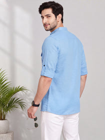 VORA LABEL Men’s Pure Cotton Solid Mandarin Collar Kurta | Full Sleeves with Roll-Up Tab | Casual & Smart Casual Wear