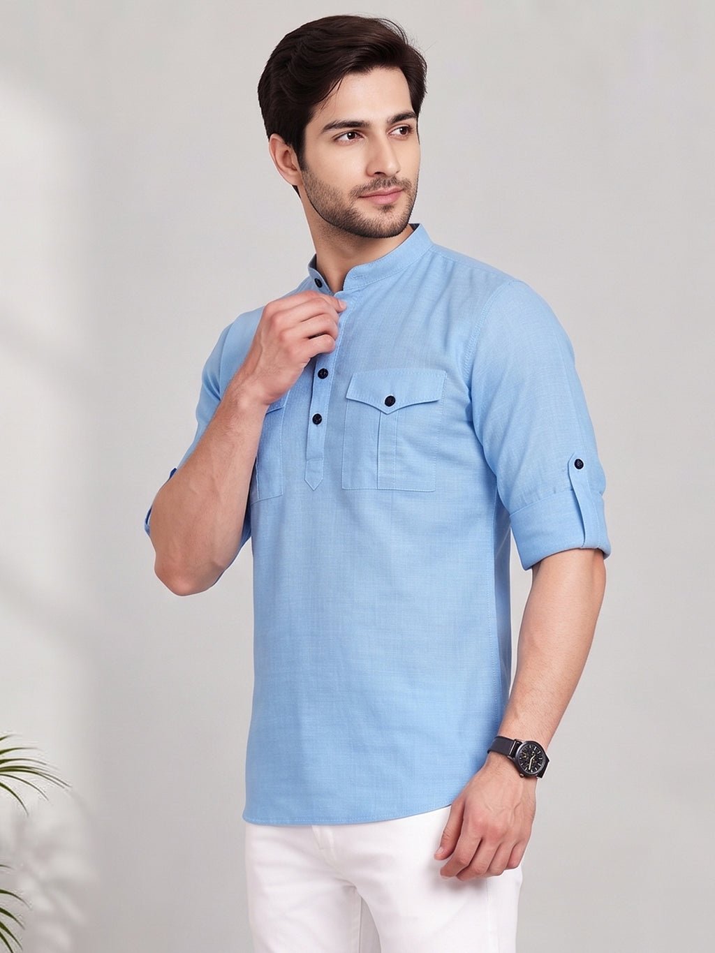 VORA LABEL Men’s Pure Cotton Solid Mandarin Collar Kurta | Full Sleeves with Roll-Up Tab | Casual & Smart Casual Wear
