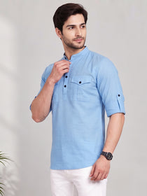 VORA LABEL Men’s Pure Cotton Solid Mandarin Collar Kurta | Full Sleeves with Roll-Up Tab | Casual & Smart Casual Wear