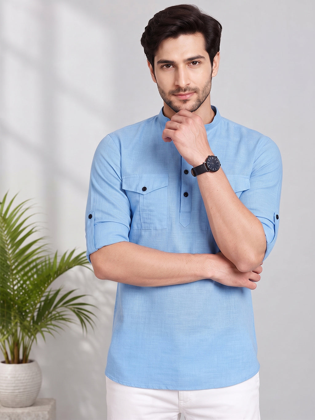 VORA LABEL Men’s Pure Cotton Solid Mandarin Collar Kurta | Full Sleeves with Roll-Up Tab | Casual & Smart Casual Wear