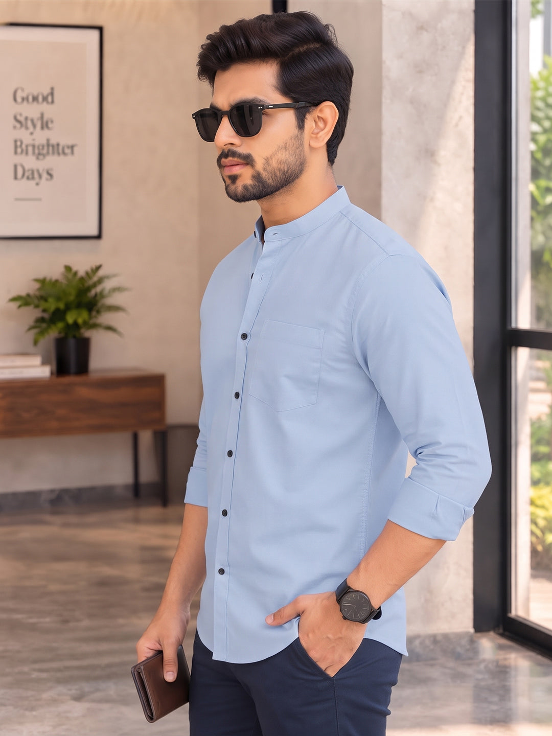 VORA LABEL Men’s Cotton Blend Mandarin Collar Shirt | Full Sleeve Solid Casual & Smart Wear