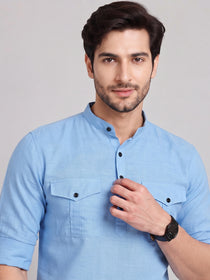 VORA LABEL Men’s Pure Cotton Solid Mandarin Collar Kurta | Full Sleeves with Roll-Up Tab | Casual & Smart Casual Wear