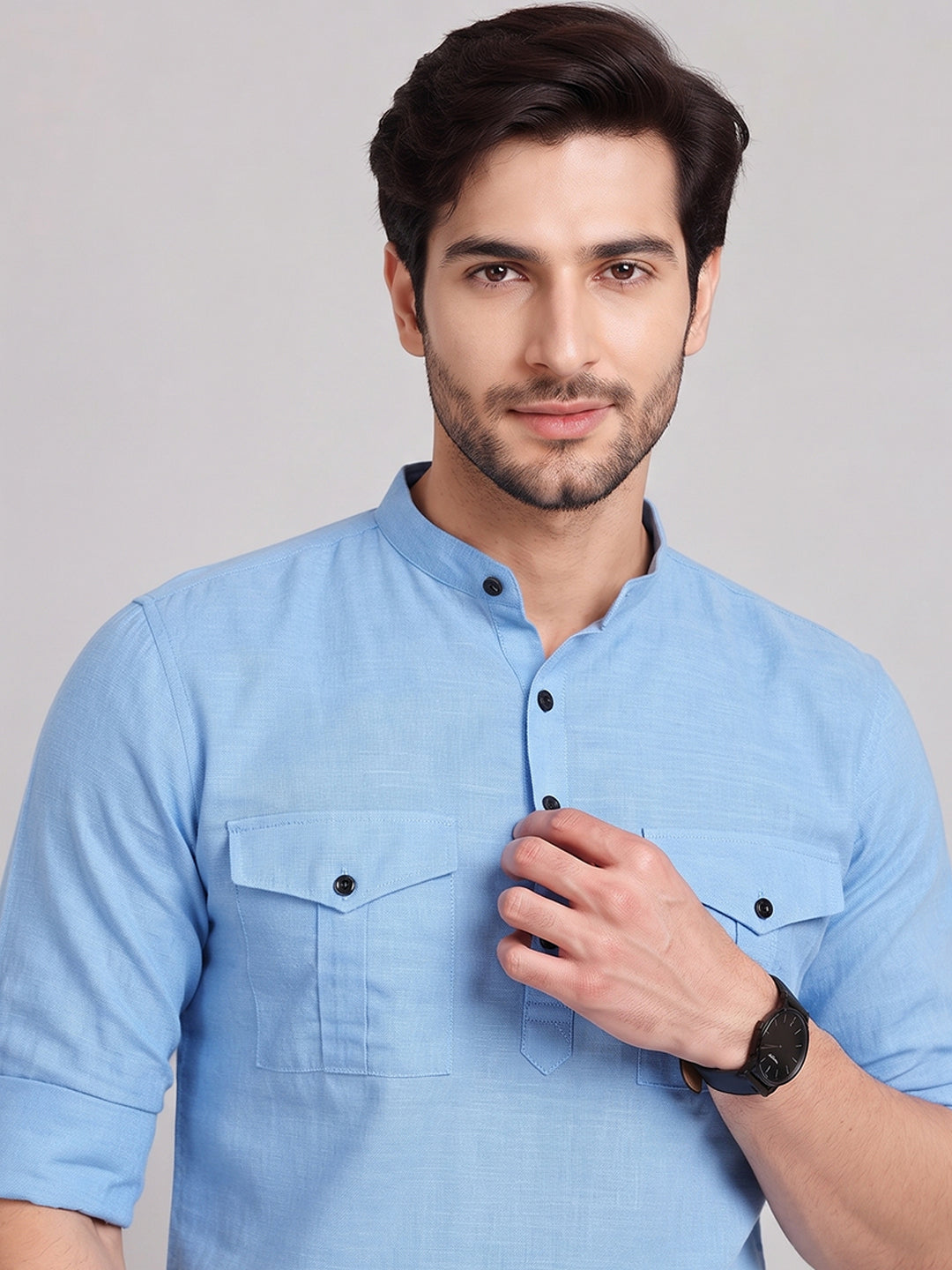 VORA LABEL Men’s Pure Cotton Solid Mandarin Collar Kurta | Full Sleeves with Roll-Up Tab | Casual & Smart Casual Wear