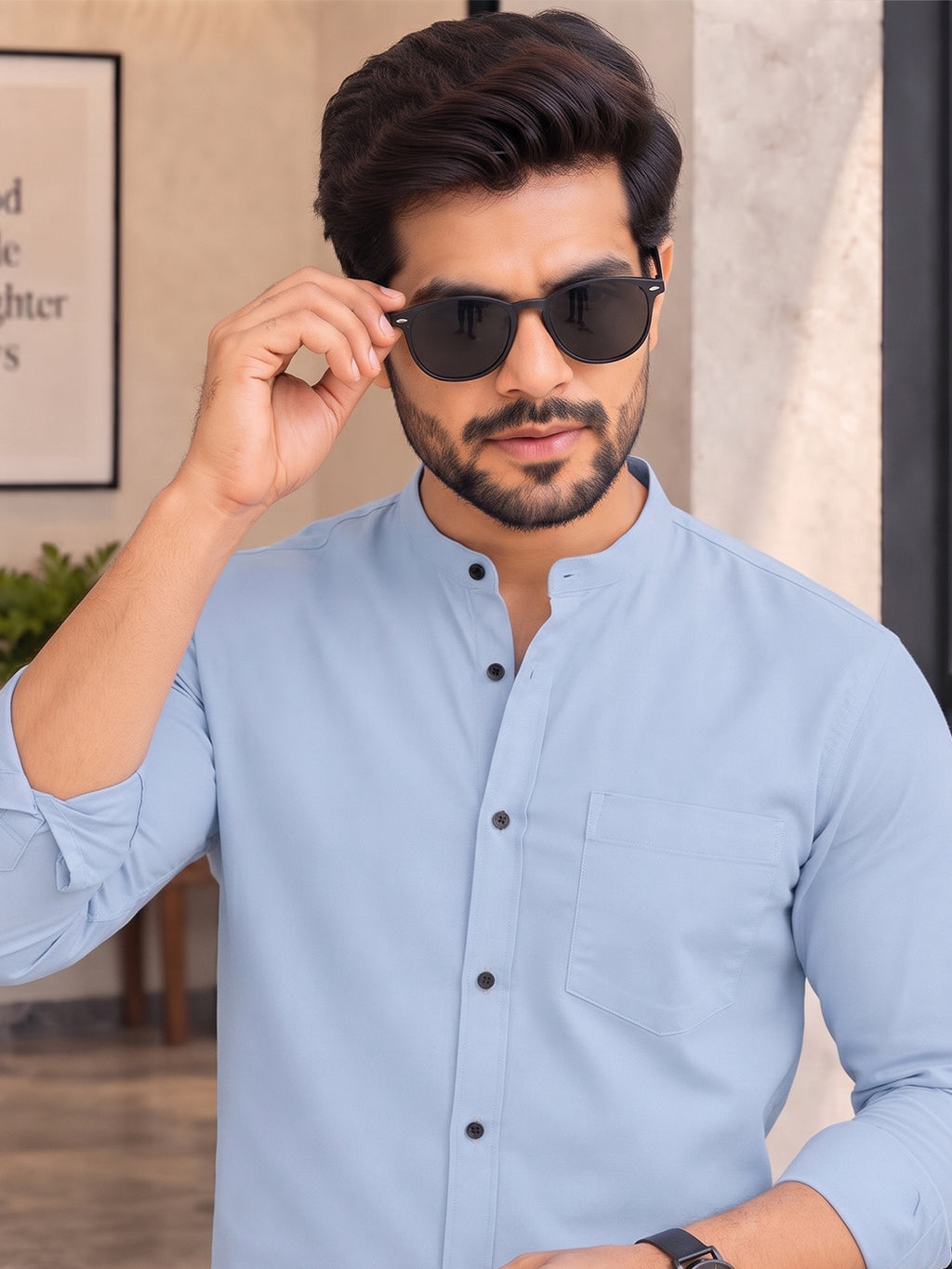 VORA LABEL Men’s Cotton Blend Mandarin Collar Shirt | Full Sleeve Solid Casual & Smart Wear