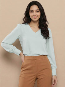 VORA LABEL Women Denim Solid Regular Fit Top - Sky Blue