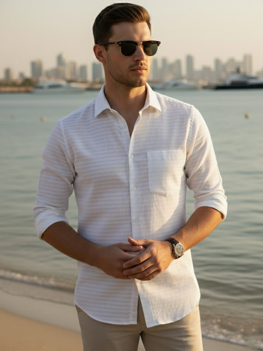 VORA LABEL Men Cotton Striped Spread Collar Shirt - White