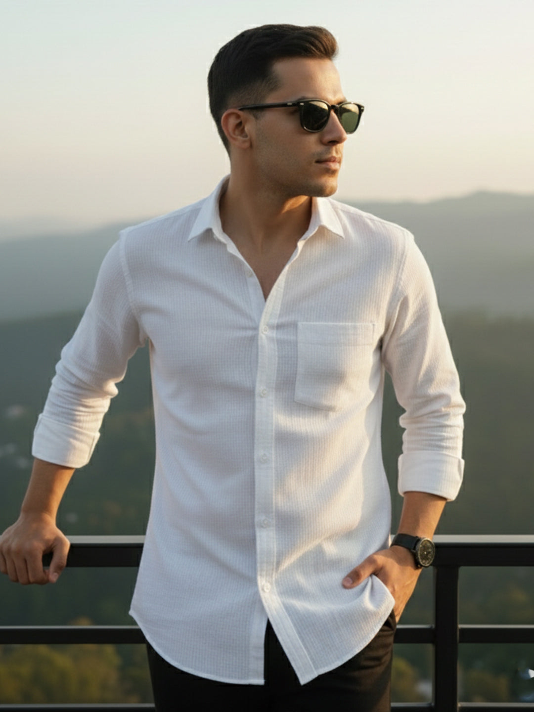 VORA LABEL Men Cotton Striped Roll-Up Sleeve Shirt - White Secondary image