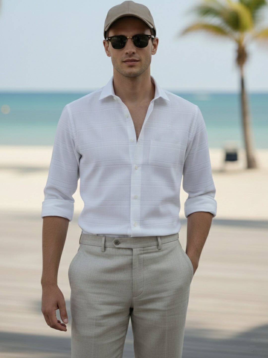 VORA LABEL Men Cotton Single Stripe Full Sleeve Shirt - White Secondary image