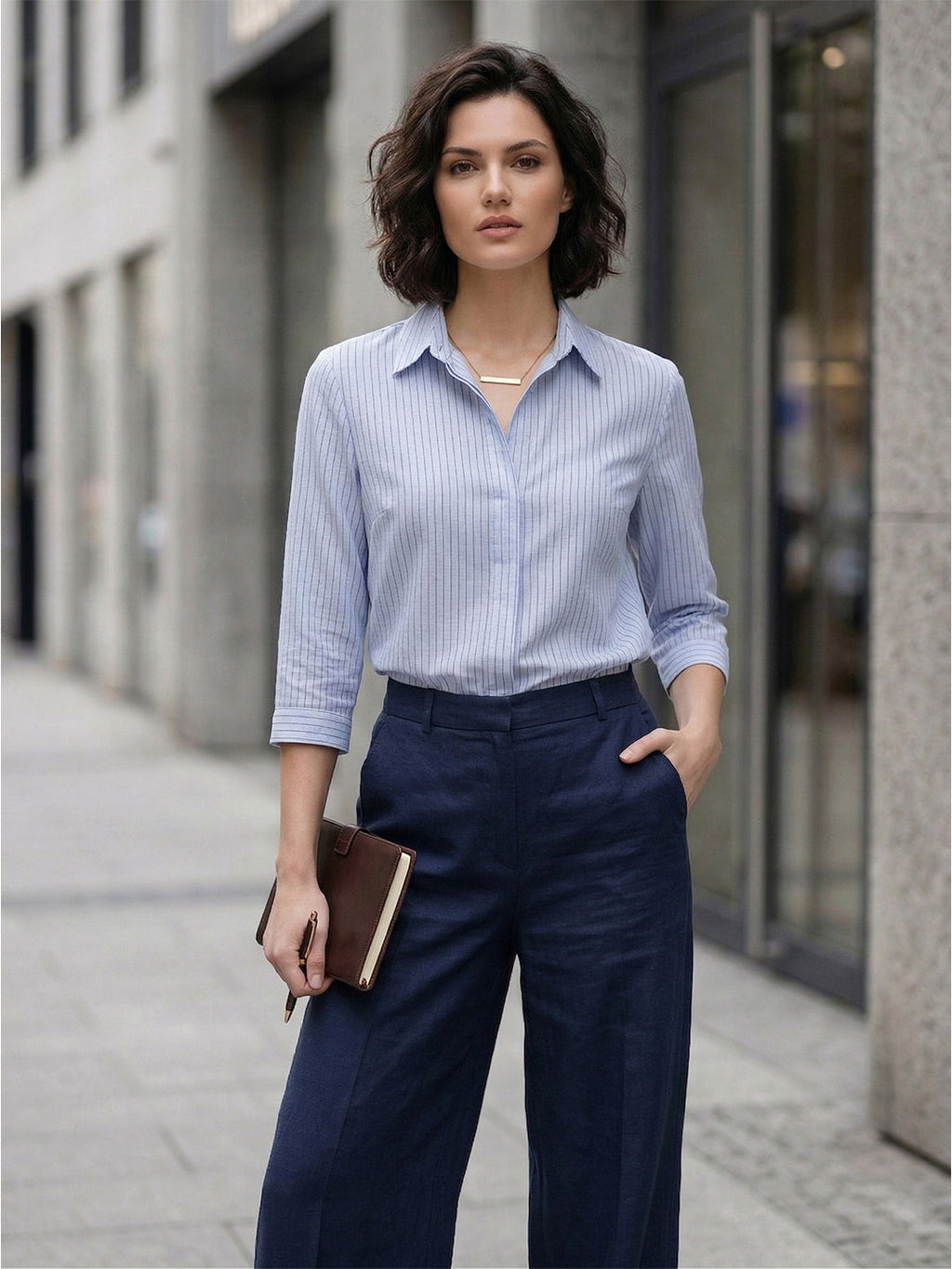 VORA LABEL Women Denim Striped Regular Fit Shirt - Sky Blue