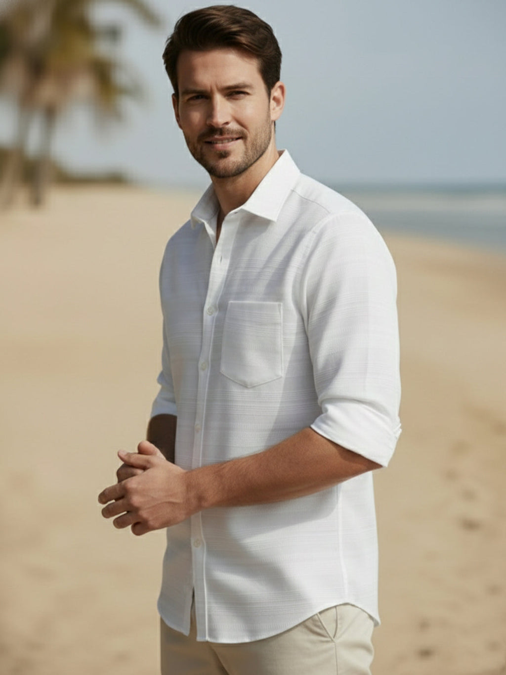 VORA LABEL Men Cotton Striped Curved Hem Shirt - White