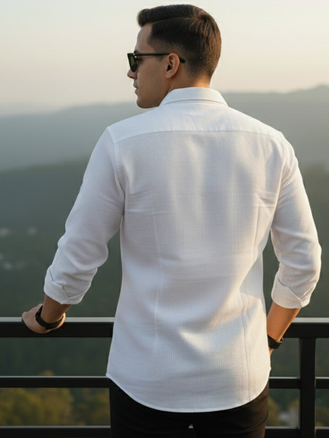 VORA LABEL Men Cotton Striped Roll-Up Sleeve Shirt - White