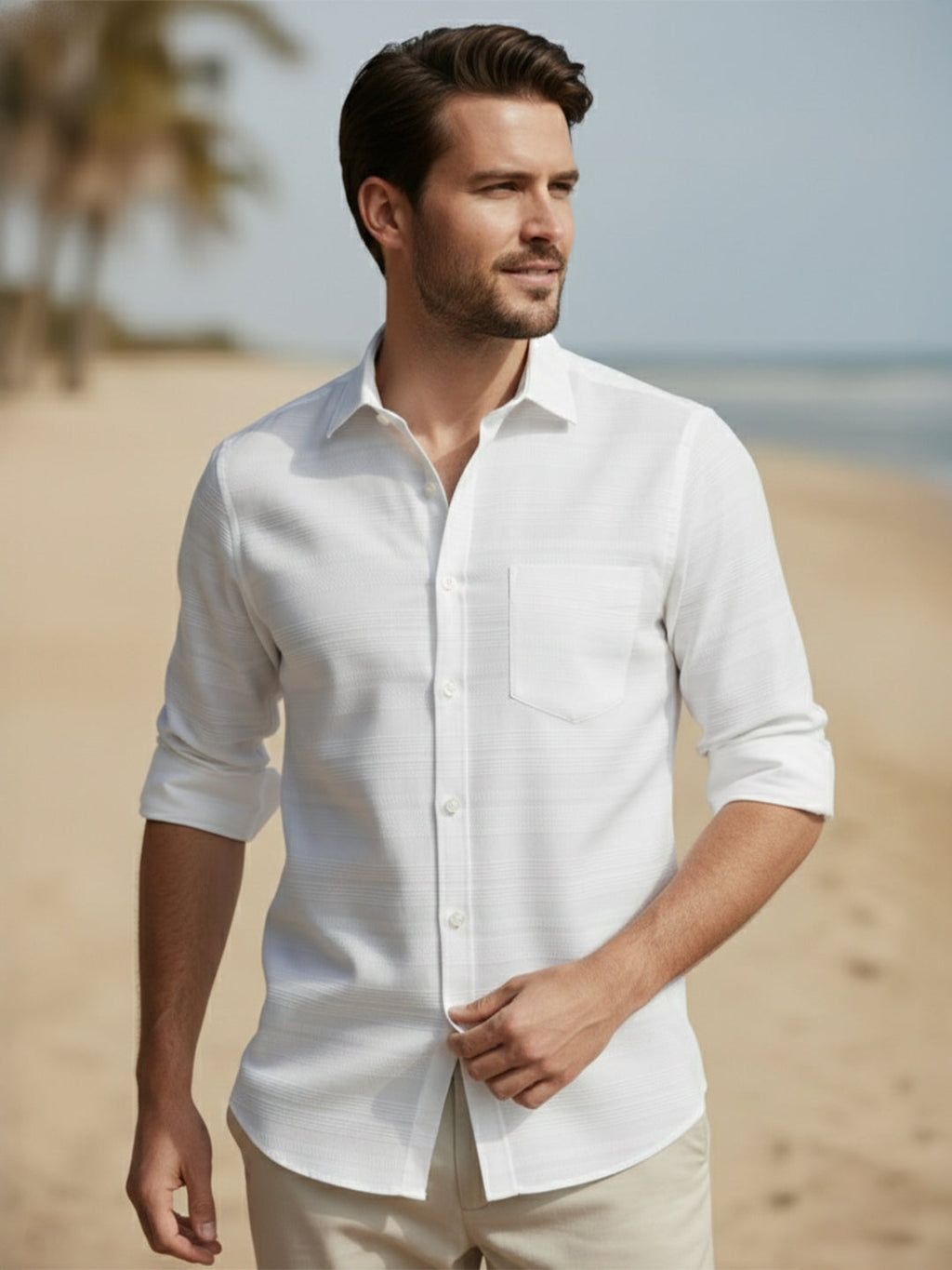 VORA LABEL Men Cotton Striped Curved Hem Shirt - White