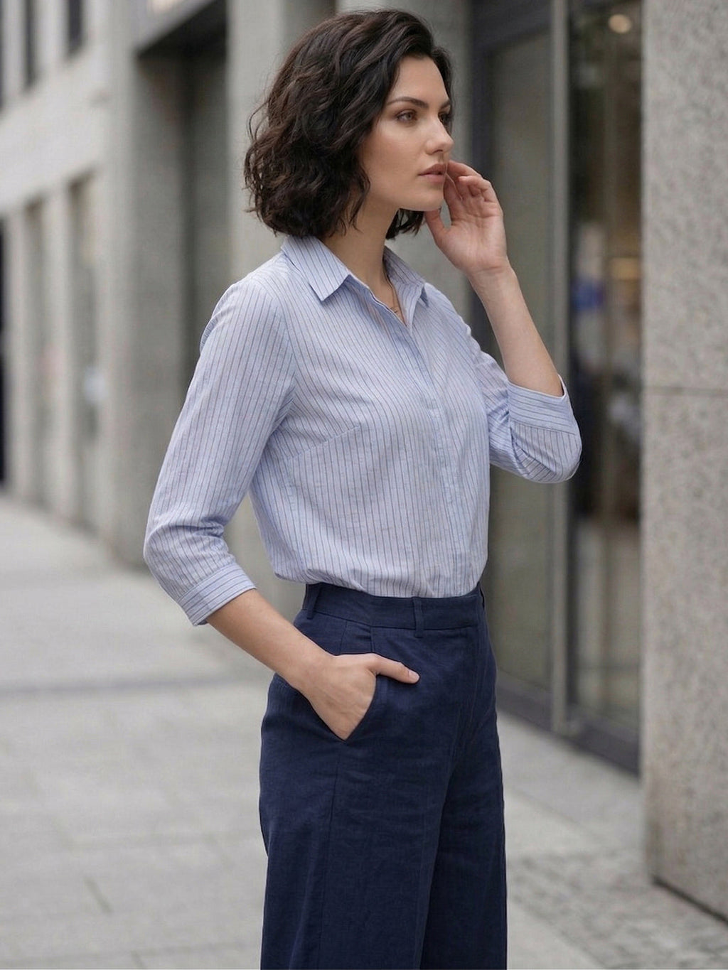 VORA LABEL Women Denim Striped Regular Fit Shirt - Sky Blue
