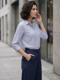 VORA LABEL Women Denim Striped Regular Fit Shirt - Sky Blue