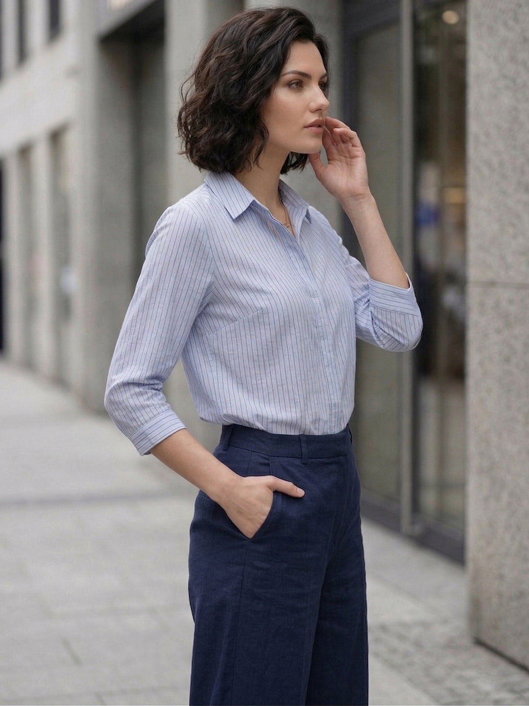 VORA LABEL Women Denim Striped Regular Fit Shirt - Sky Blue