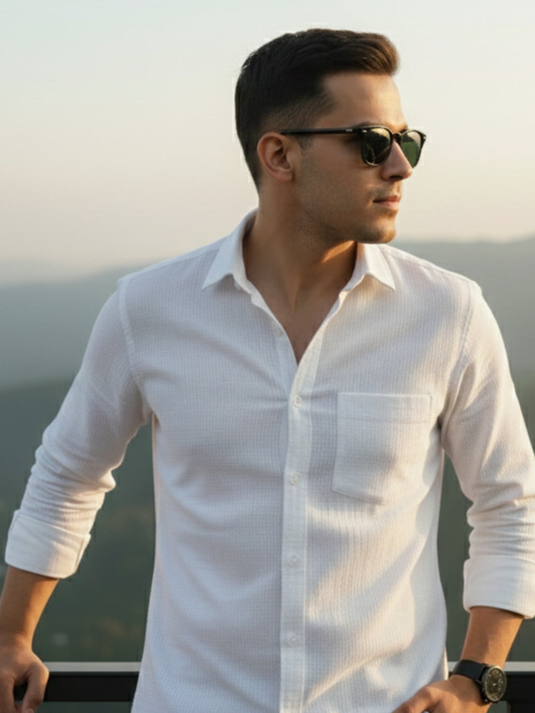 VORA LABEL Men Cotton Striped Roll-Up Sleeve Shirt - White