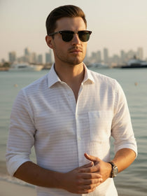 VORA LABEL Men Cotton Striped Spread Collar Shirt - White