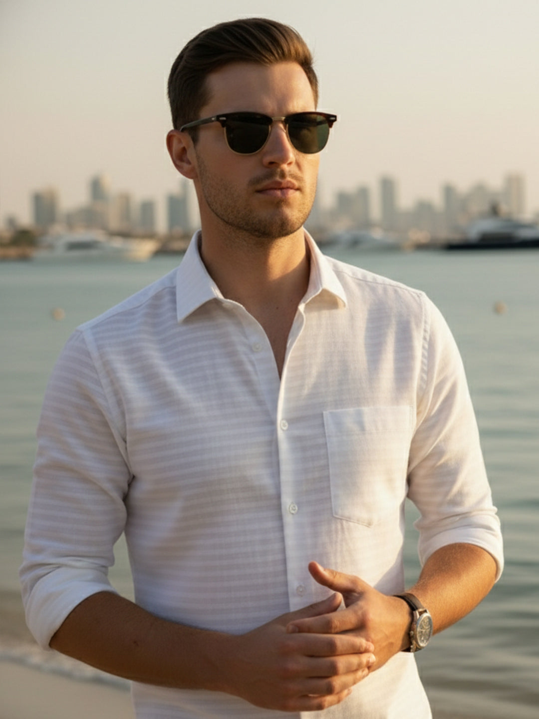 VORA LABEL Men Cotton Striped Spread Collar Shirt - White