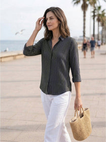 VORA LABEL Women Viscose Rayon Striped Regular Fit 3/4 Sleeve Shirt - Black