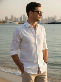 VORA LABEL Men Cotton Striped Spread Collar Shirt - White