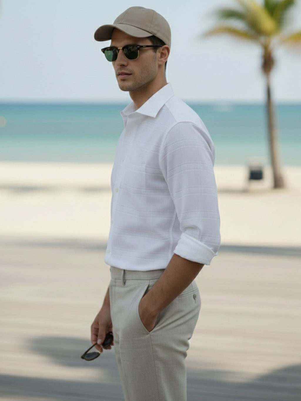 VORA LABEL Men Cotton Single Stripe Full Sleeve Shirt - White