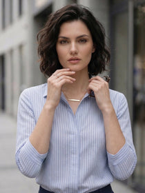 VORA LABEL Women Denim Striped Regular Fit Shirt - Sky Blue