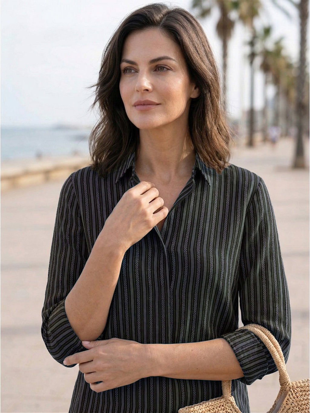 VORA LABEL Women Viscose Rayon Striped Regular Fit 3/4 Sleeve Shirt - Black