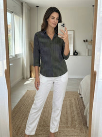 VORA LABEL Women Viscose Rayon Striped Regular Fit 3/4 Sleeve Shirt - Black