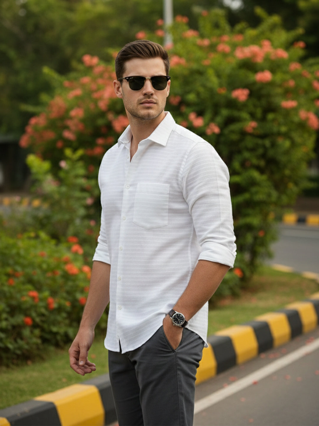 VORA LABEL Men Cotton Striped Spread Collar Shirt - White Main image