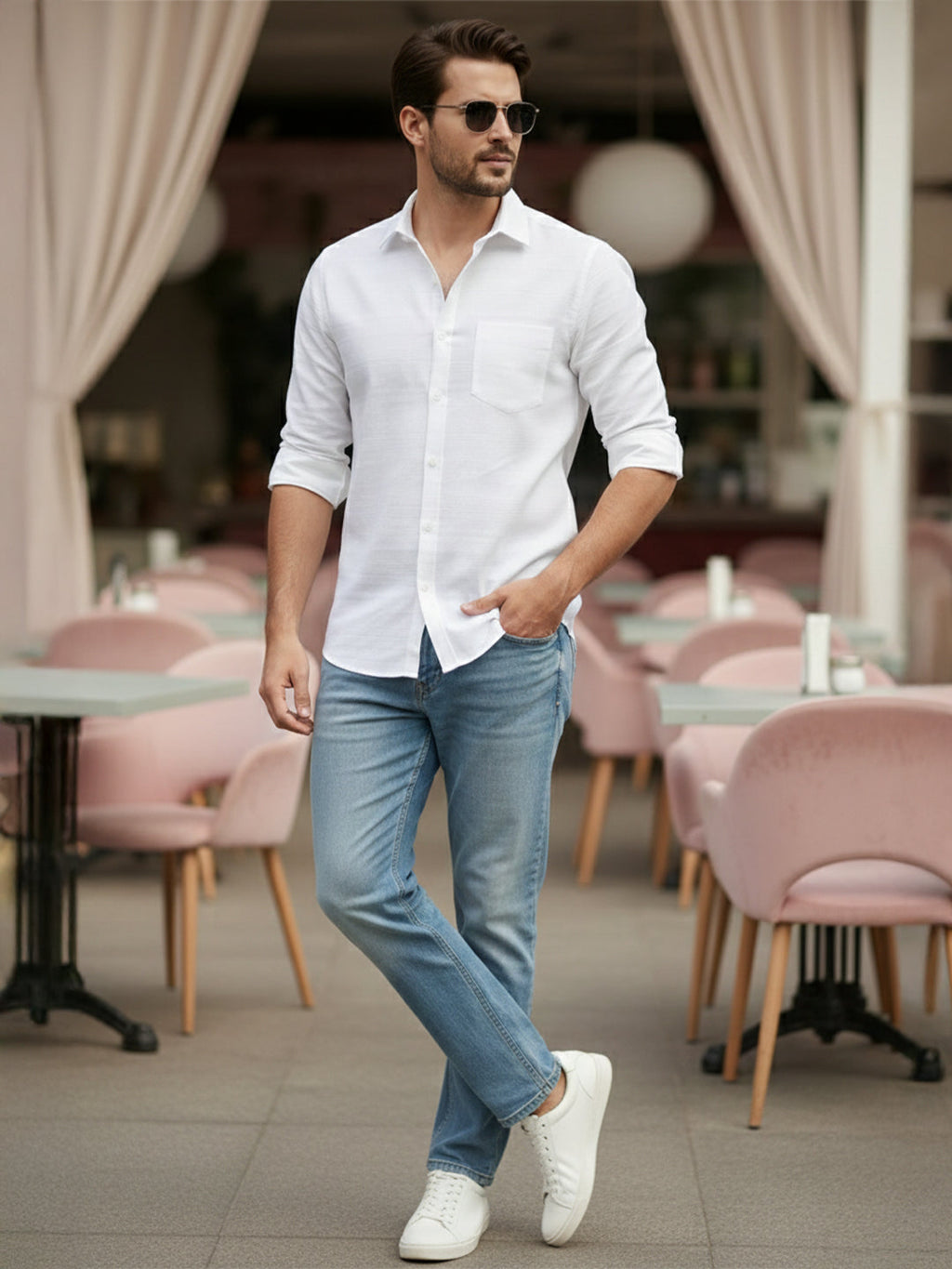 VORA LABEL Men Cotton Striped Curved Hem Shirt - White