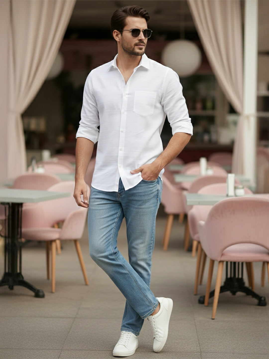 VORA LABEL Men Cotton Striped Curved Hem Shirt - White