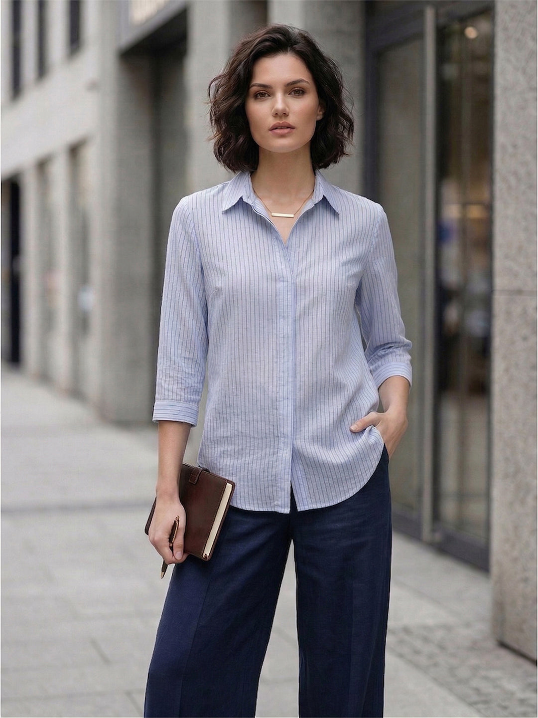 VORA LABEL Women Denim Striped Regular Fit Shirt - Sky Blue