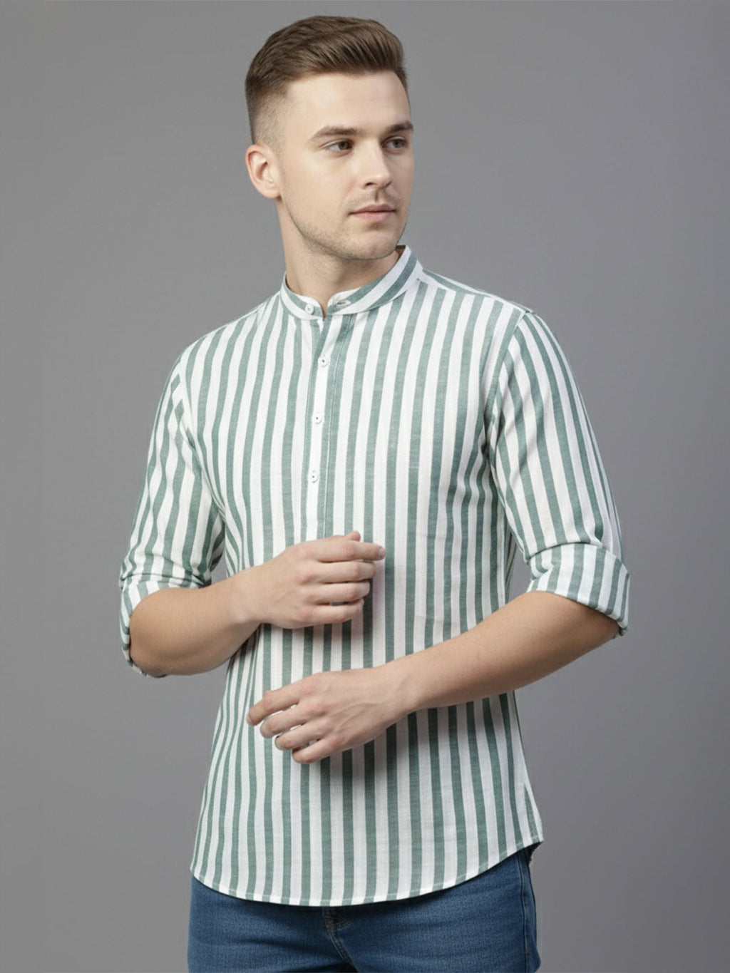 VORA LABEL Men Cotton Striped Relaxed Fit Short Kurta - Green