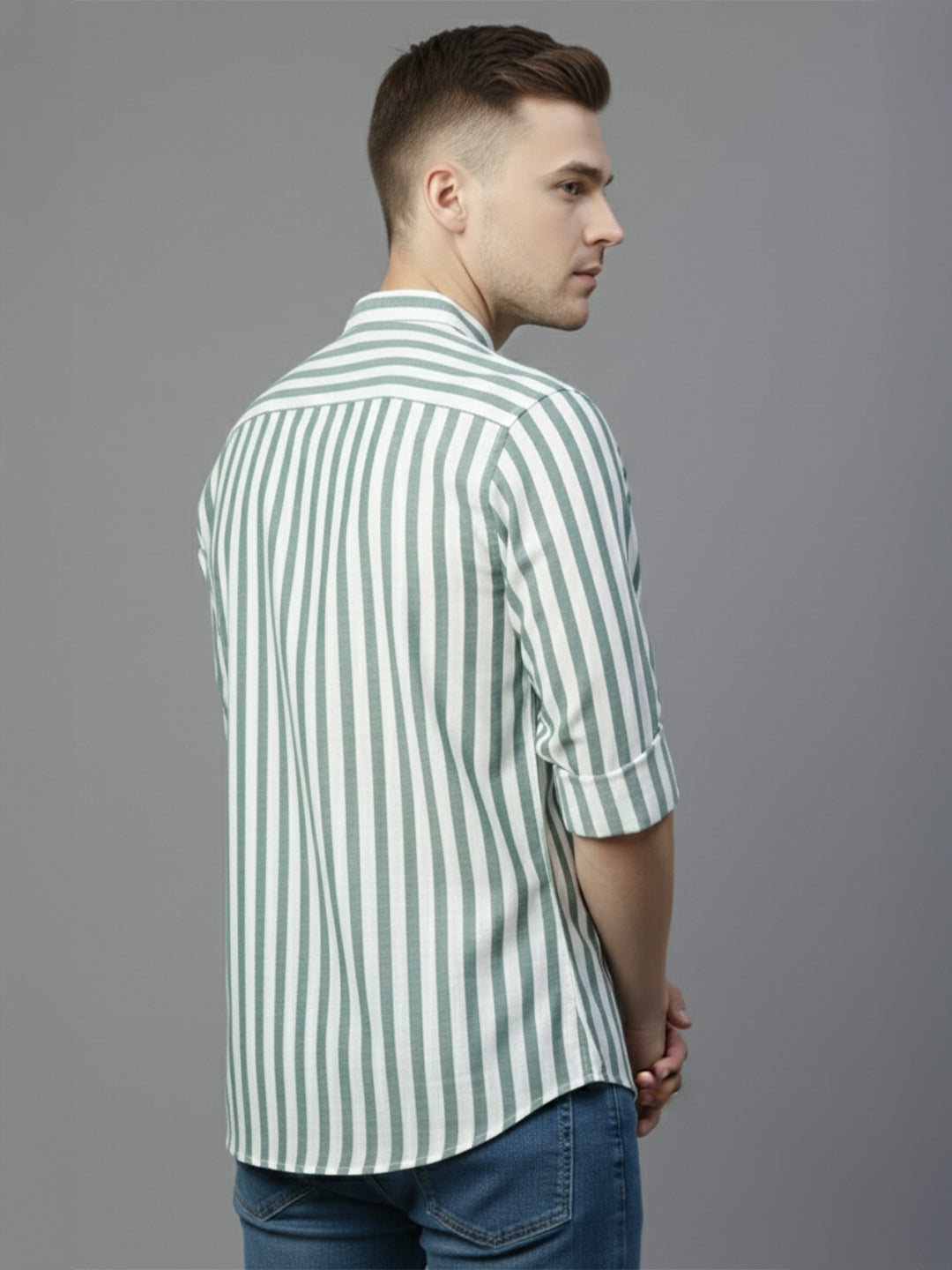 VORA LABEL Men Cotton Striped Relaxed Fit Short Kurta - Green