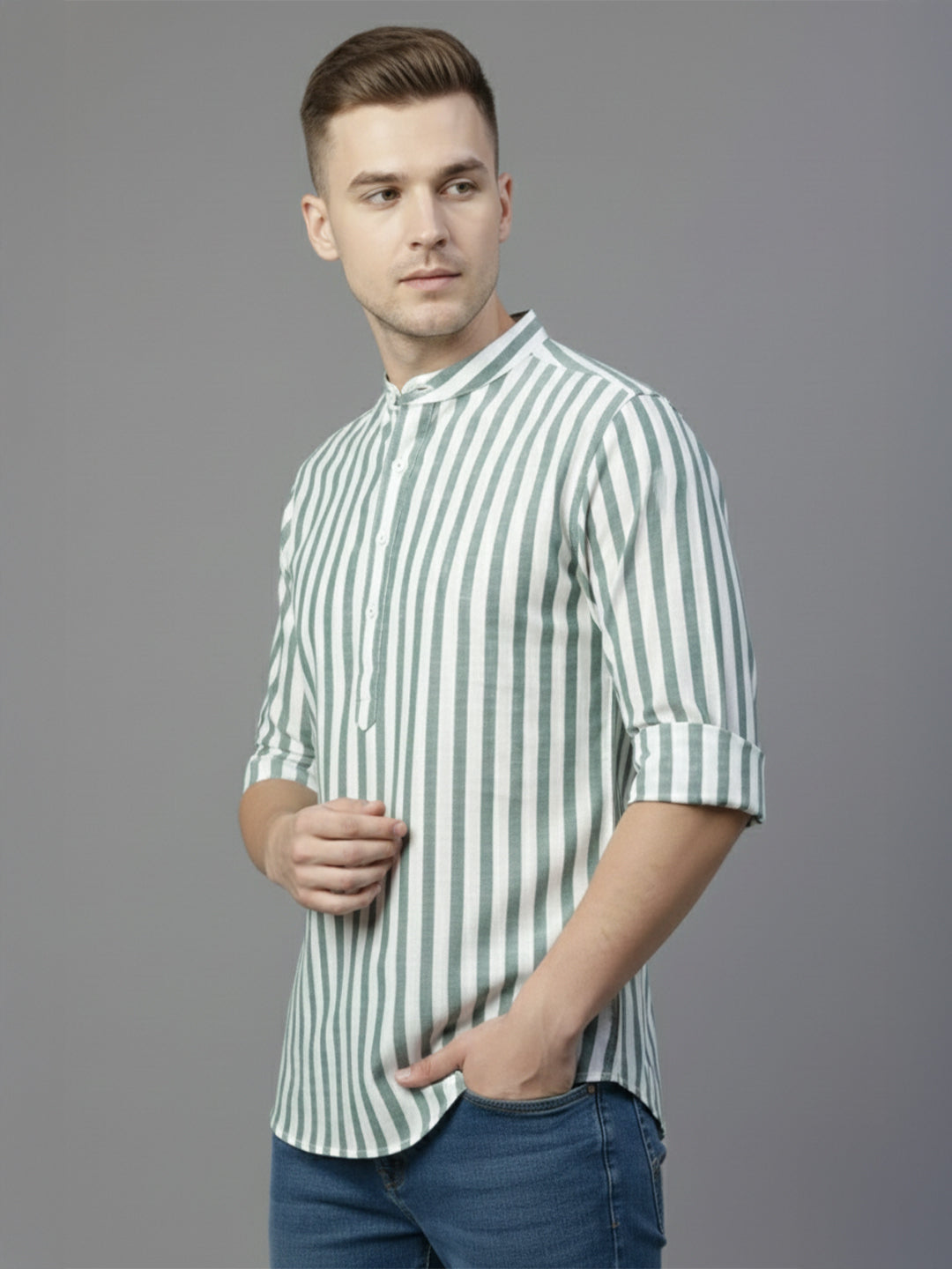 VORA LABEL Men Cotton Striped Relaxed Fit Short Kurta - Green