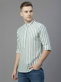 VORA LABEL Men Cotton Striped Relaxed Fit Short Kurta - Green