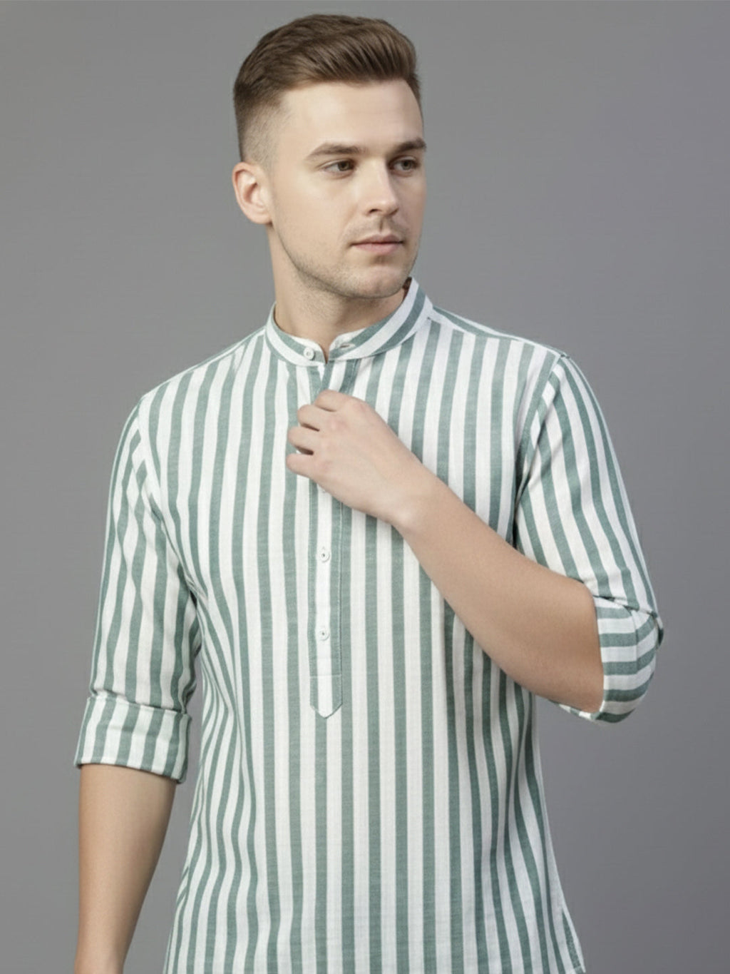 VORA LABEL Men Cotton Striped Relaxed Fit Short Kurta - Green