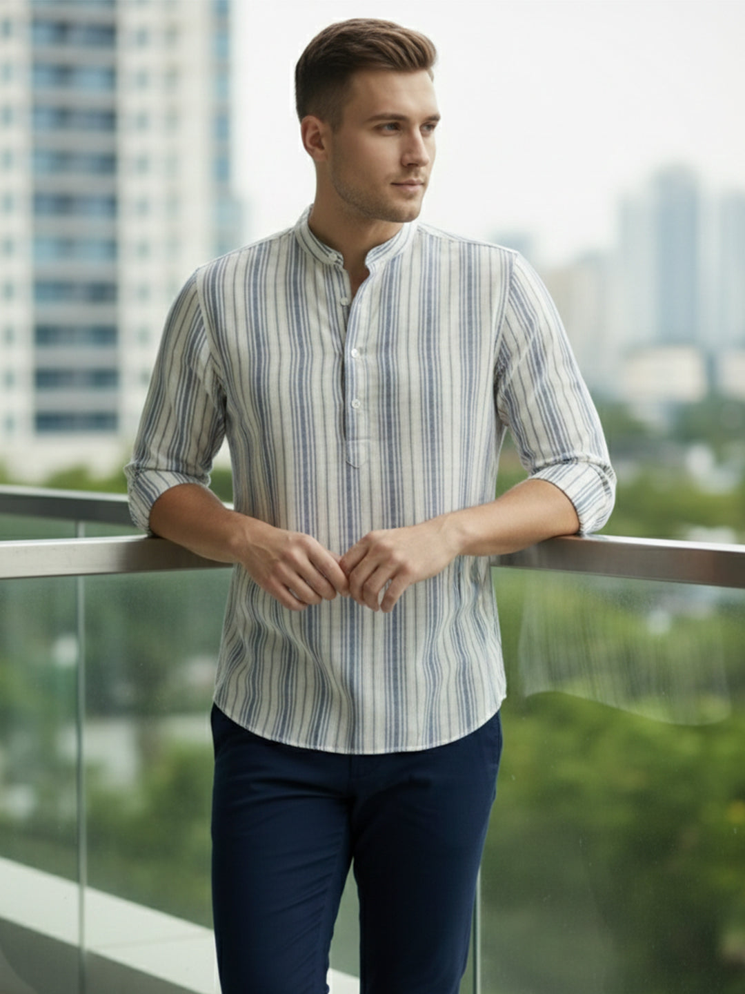 VORA LABEL Men Cotton Striped Relaxed Fit Short Kurta - Navy Blue Main image