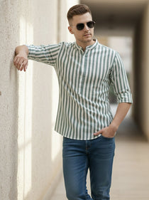VORA LABEL Men Cotton Striped Relaxed Fit Short Kurta - Green